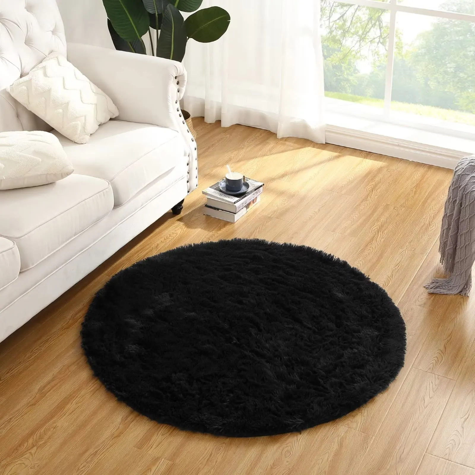 GARVEE Plush Shaggy Area Rug Black Round Rugs for Living Room Fuzzy Floor Carpet Round Fluffy Area Rugs for Kids Room Cute Circle Nursery Area Rug Non-Shedding Rug, Black, 4 Feet