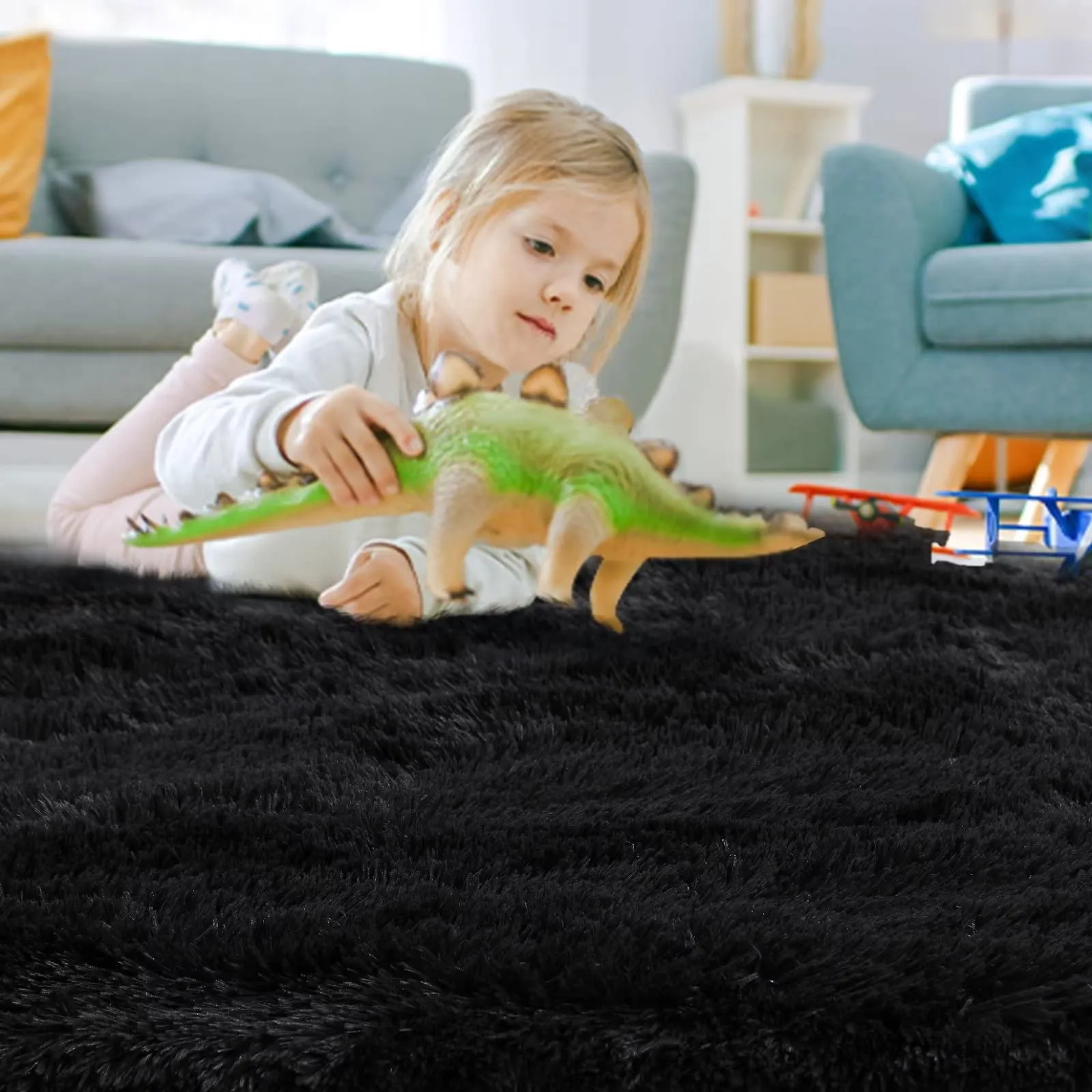 GARVEE Plush Shaggy Area Rug Black Round Rugs for Living Room Fuzzy Floor Carpet Round Fluffy Area Rugs for Kids Room Cute Circle Nursery Area Rug Non-Shedding Rug, Black, 4 Feet