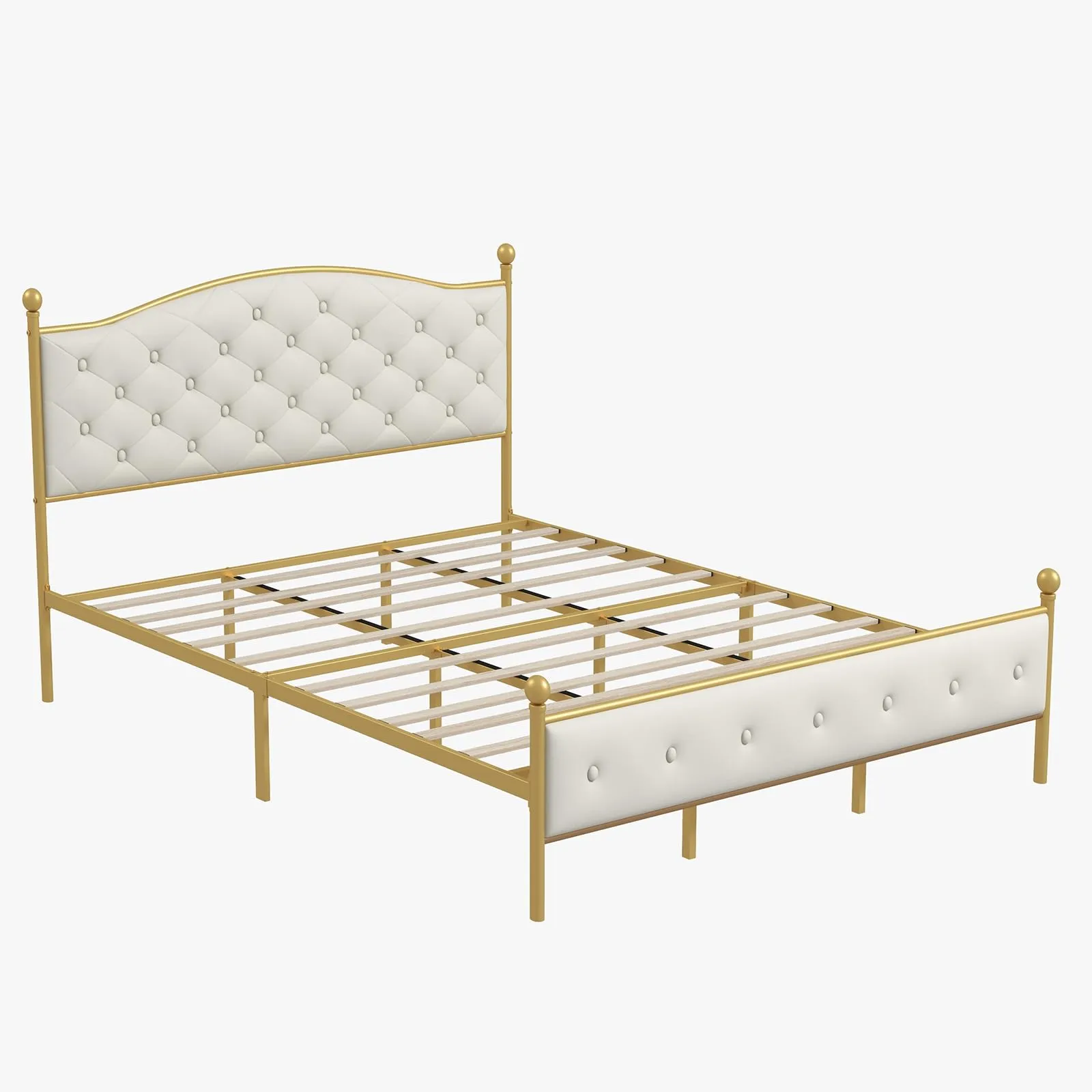 GARVEE Queen Size Upholstered Platform Bed   Velvet Button Tufted Headboard   Heavy Duty Metal   Wood Slats   Gold and Off White   Bedroom