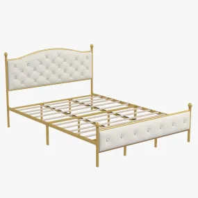 GARVEE Queen Size Upholstered Platform Bed   Velvet Button Tufted Headboard   Heavy Duty Metal   Wood Slats   Gold and Off White   Bedroom