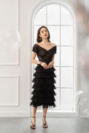 Gelsemium Layered Ruffled Mesh Midi Dress