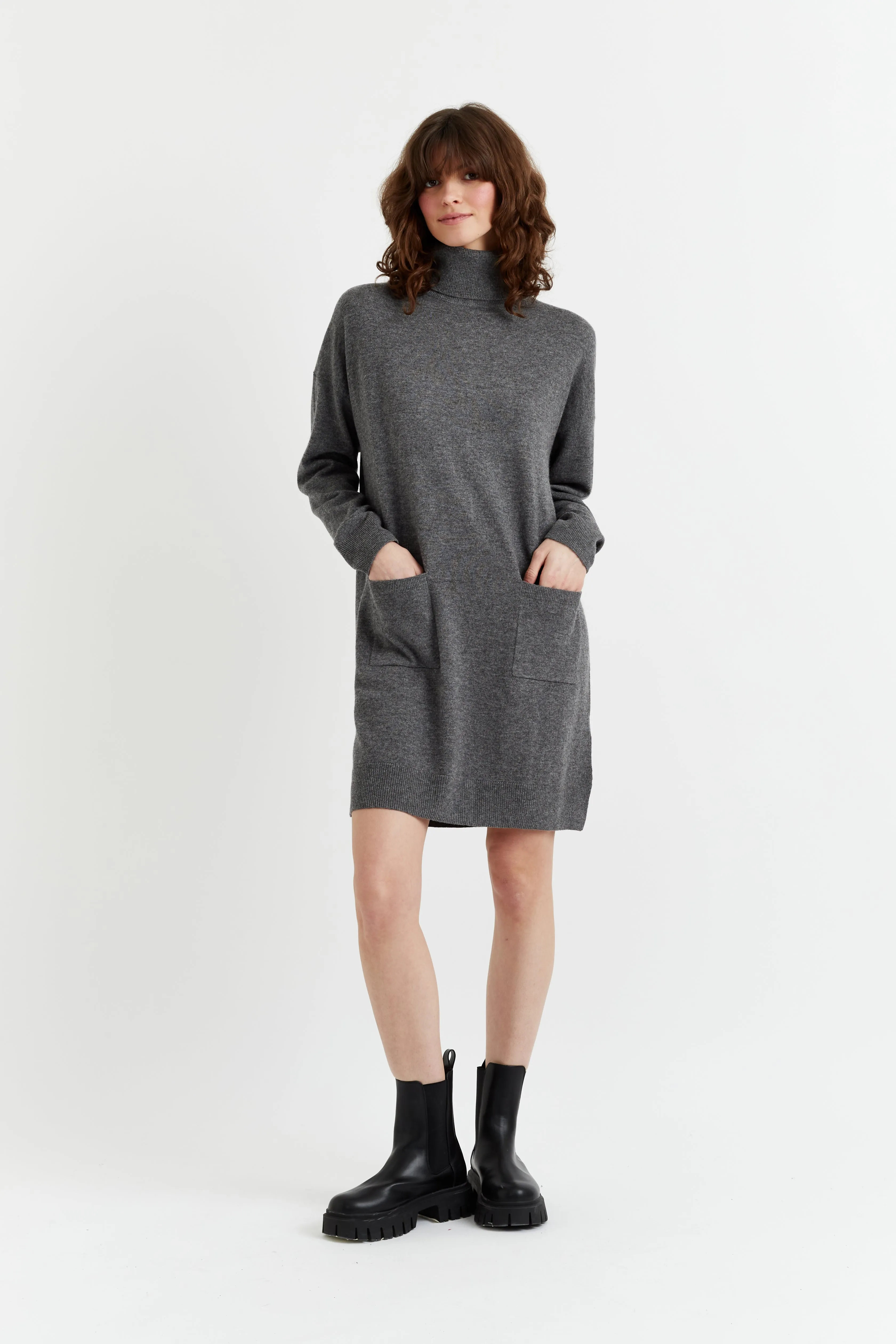 Grey Wool-Cashmere Rollneck Dress