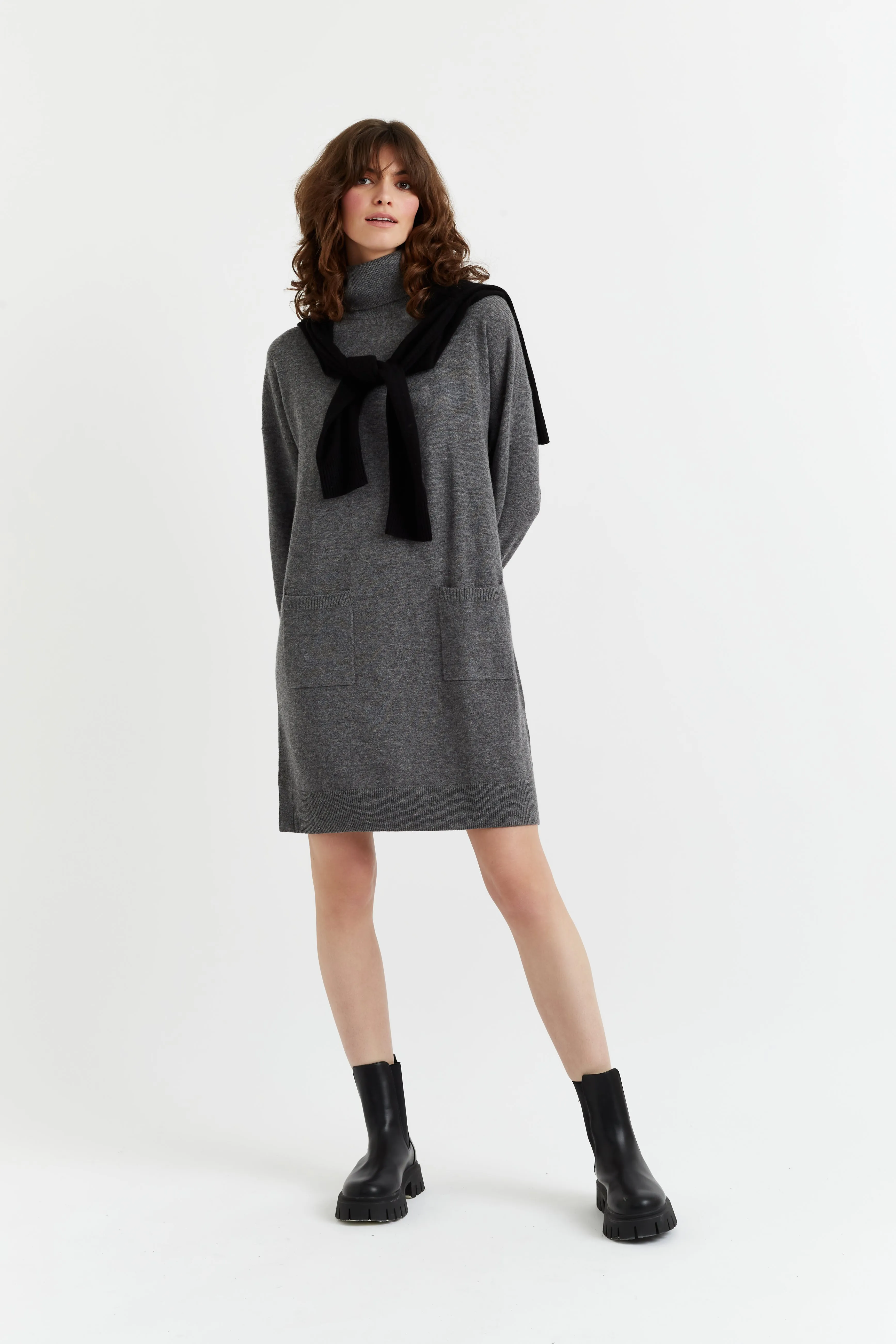 Grey Wool-Cashmere Rollneck Dress