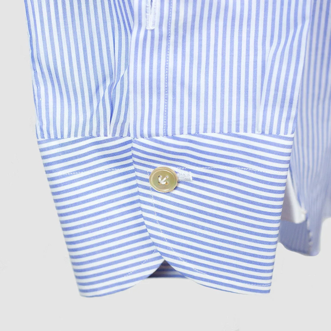 Hand-sewn Alumo Zephyr Soyella blue stripe shirt, spread collar