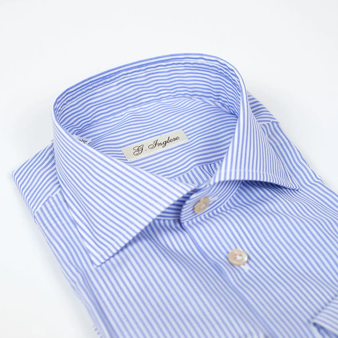 Hand-sewn Alumo Zephyr Soyella blue stripe shirt, spread collar