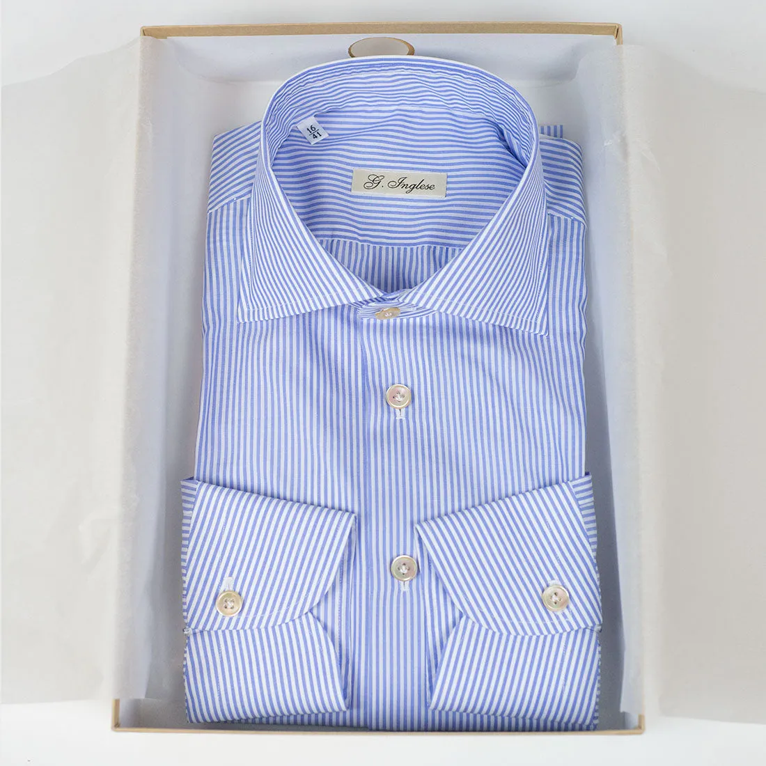 Hand-sewn Alumo Zephyr Soyella blue stripe shirt, spread collar