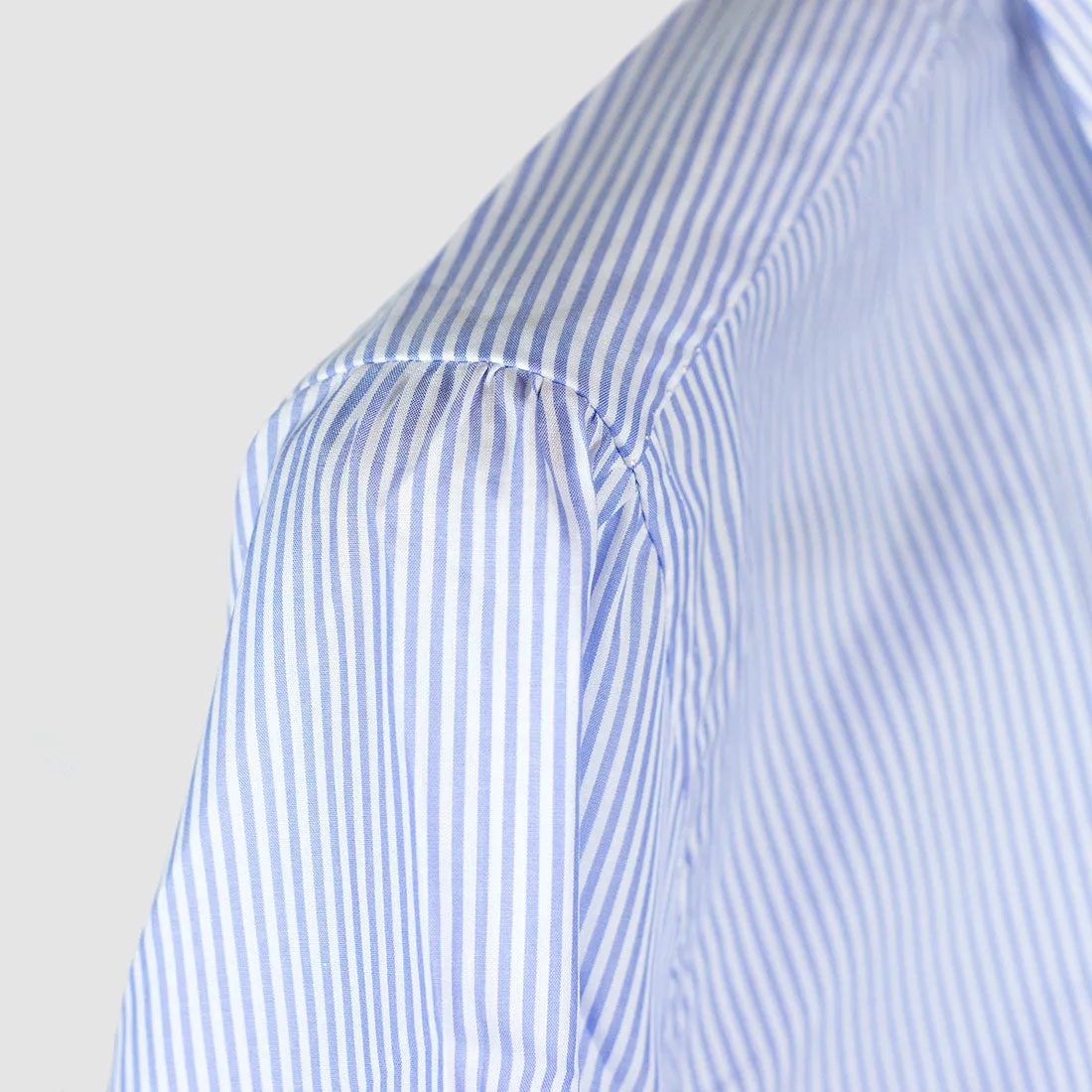 Hand-sewn Alumo Zephyr Soyella blue stripe shirt, spread collar