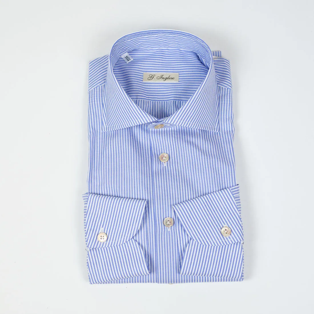 Hand-sewn Alumo Zephyr Soyella blue stripe shirt, spread collar