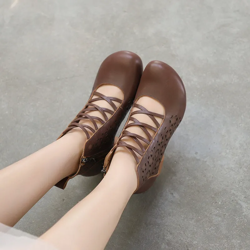 Handmade Genuine Leather Pumps Retro Round Toe Women Ankle Boots Block Heels Side Zipper Coffee/Brown