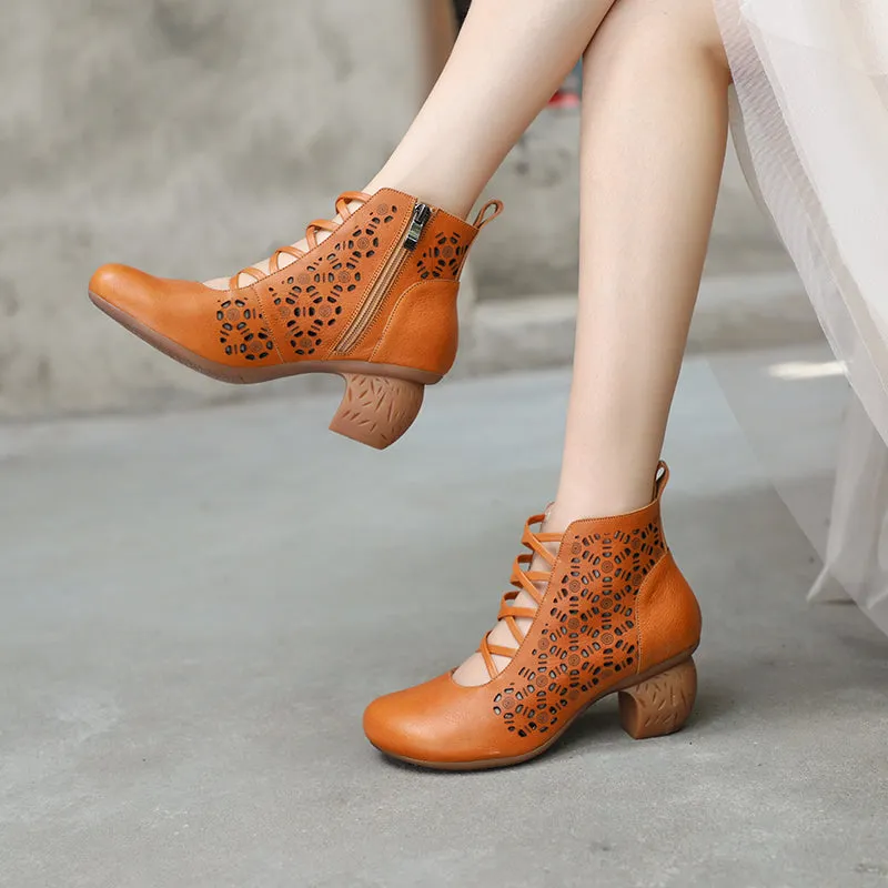 Handmade Genuine Leather Pumps Retro Round Toe Women Ankle Boots Block Heels Side Zipper Coffee/Brown