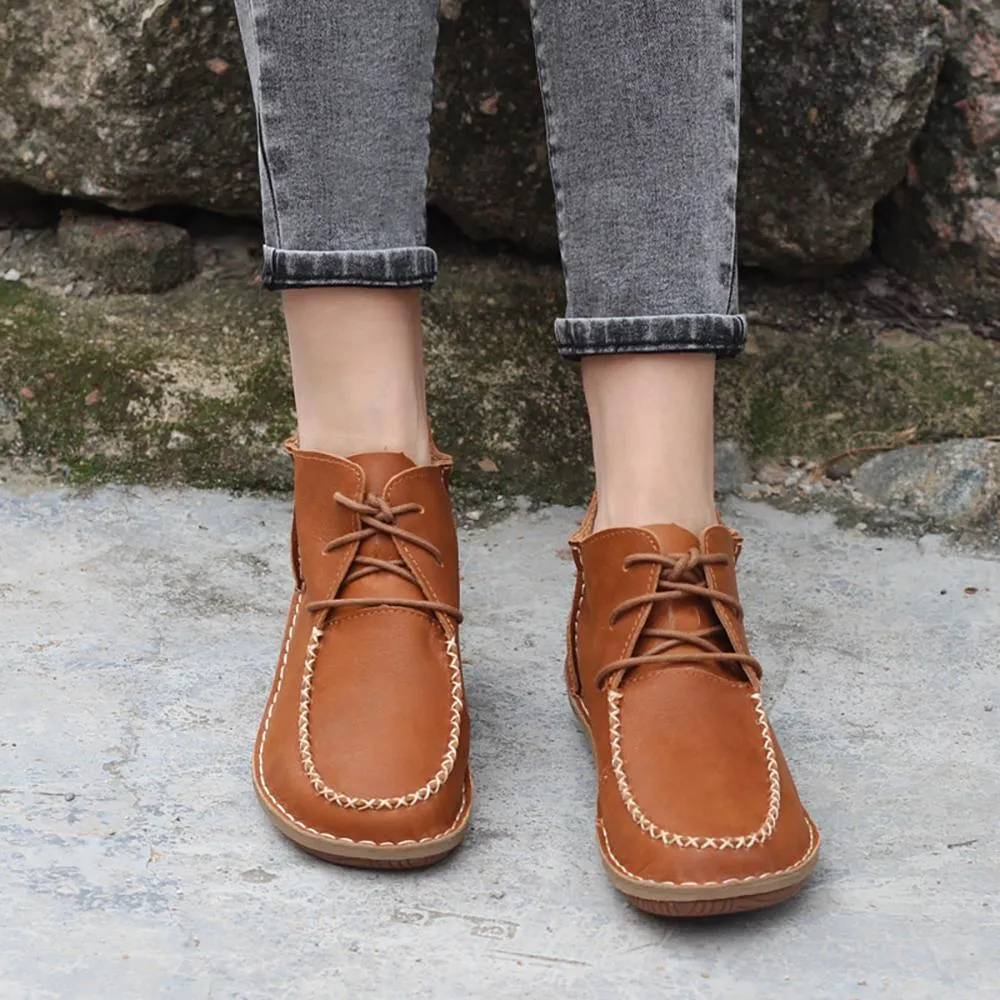 Handmade Leather Mori Girl Ankle Boots Flat Brown