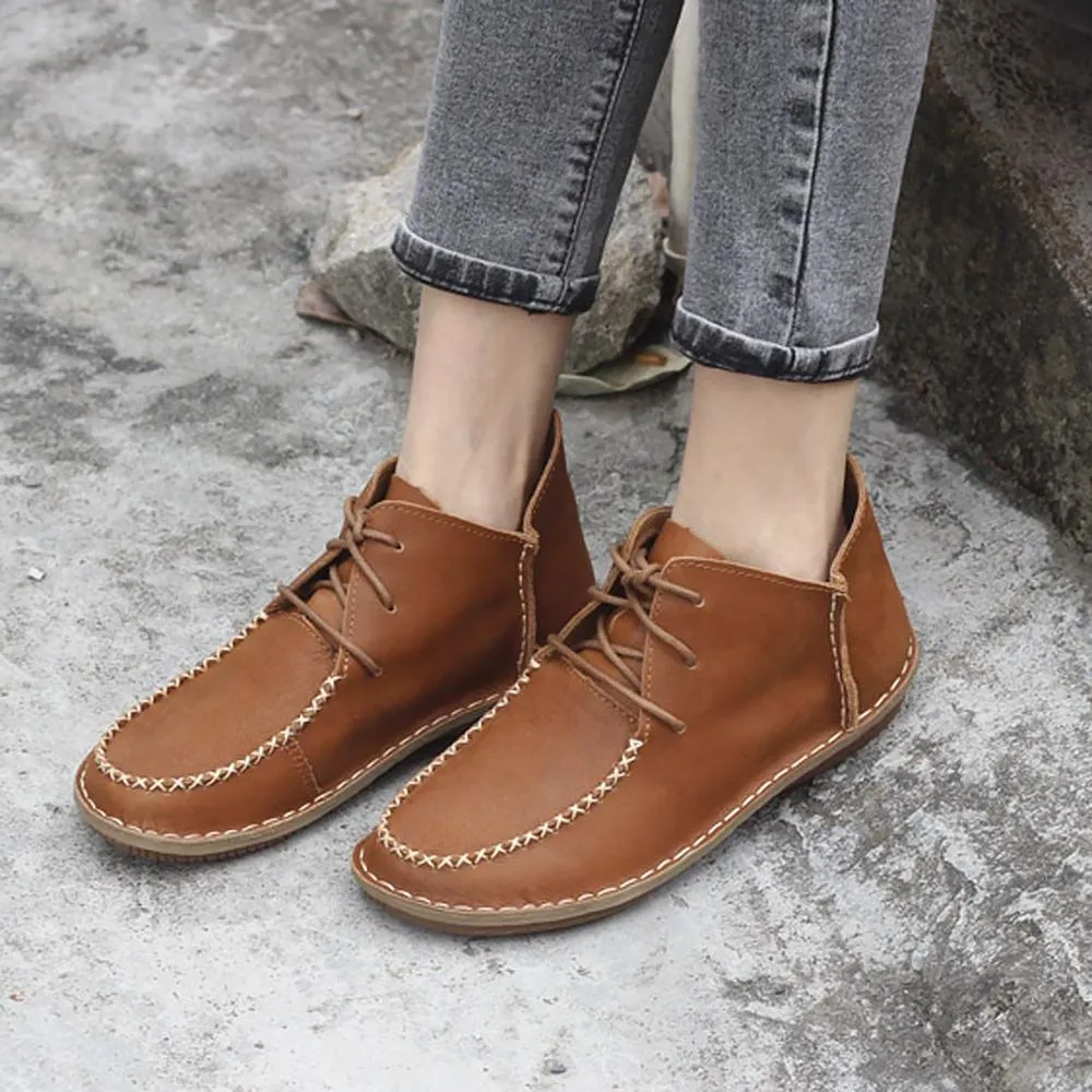 Handmade Leather Mori Girl Ankle Boots Flat Brown