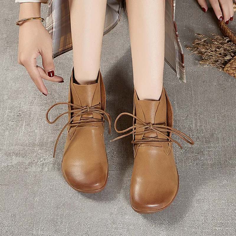 Handmade Retro Leather Lace Up Barefoot Ankle Boots For Women Brown/Khaki