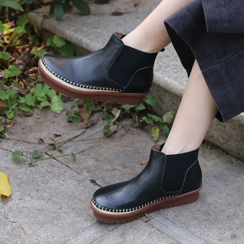 Handmade Soft Leather Ankle Boots Retro Round Toe Short Boots Women Chelsea Boots Coffee/Black