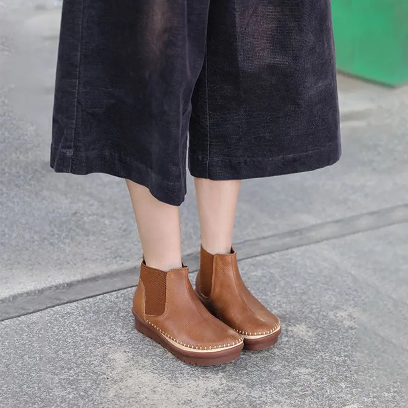 Handmade Soft Leather Ankle Boots Retro Round Toe Short Boots Women Chelsea Boots Coffee/Black