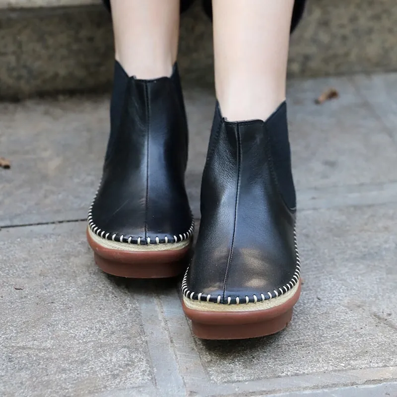 Handmade Soft Leather Ankle Boots Retro Round Toe Short Boots Women Chelsea Boots Coffee/Black