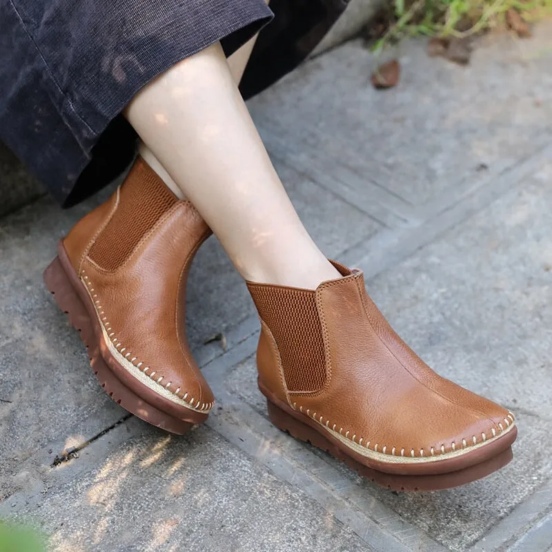 Handmade Soft Leather Ankle Boots Retro Round Toe Short Boots Women Chelsea Boots Coffee/Black