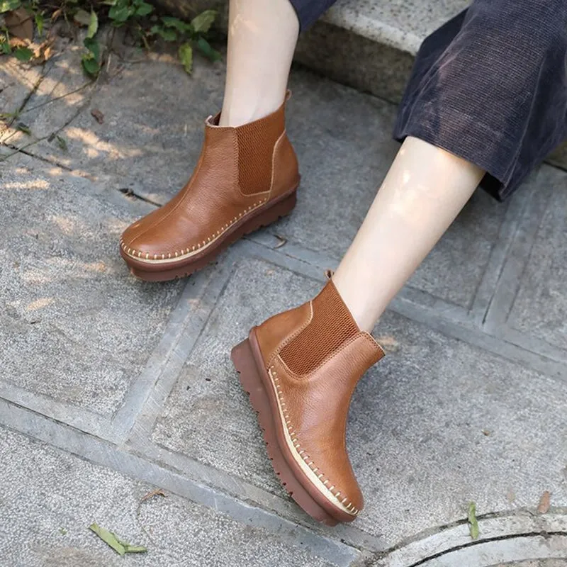 Handmade Soft Leather Ankle Boots Retro Round Toe Short Boots Women Chelsea Boots Coffee/Black