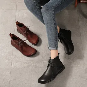 Handmade Soft Leather Barefoot Ankle Boots Retro Round Toe Short Boots Women Mori Girl Boots