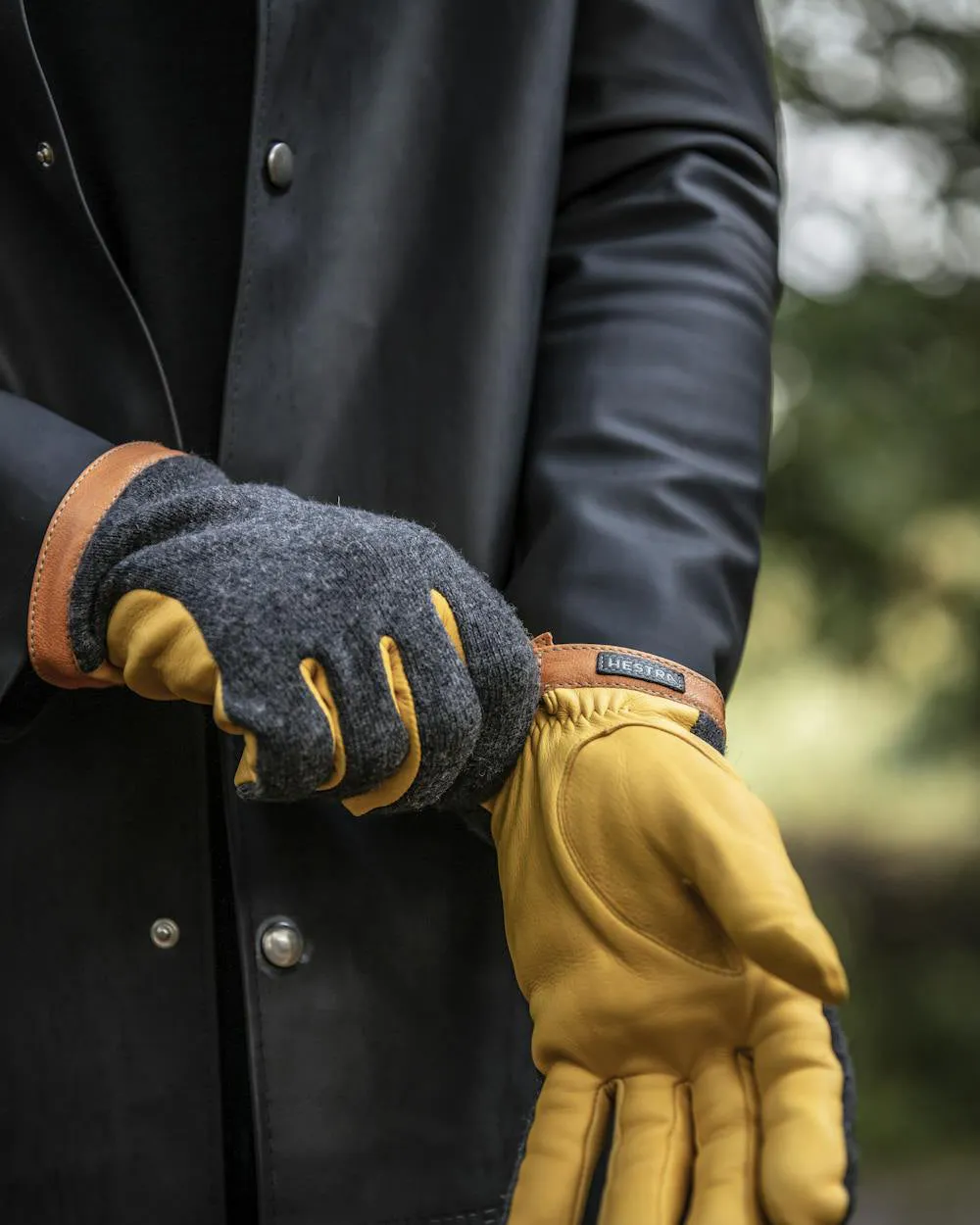 Hestra Deerskin Wool Tricot Gloves - Charcoal / Natural Yellow