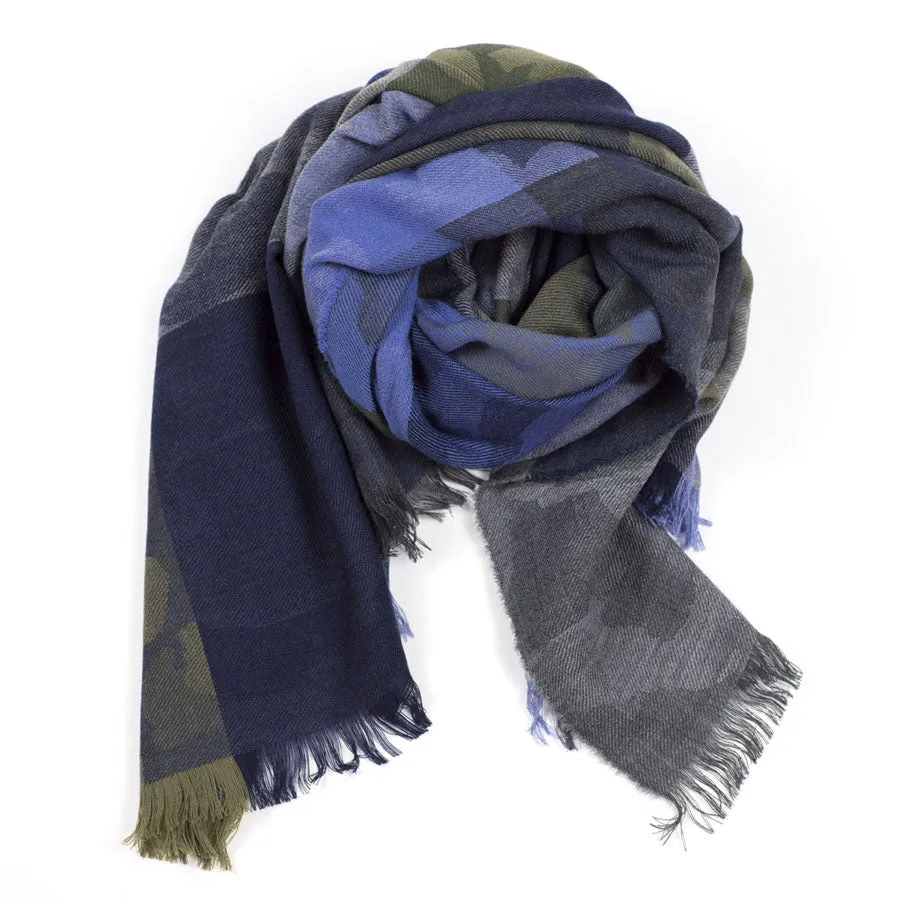 Khaki & blue camo check merino stole