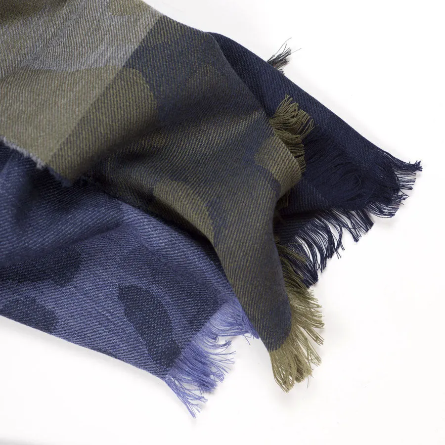 Khaki & blue camo check merino stole