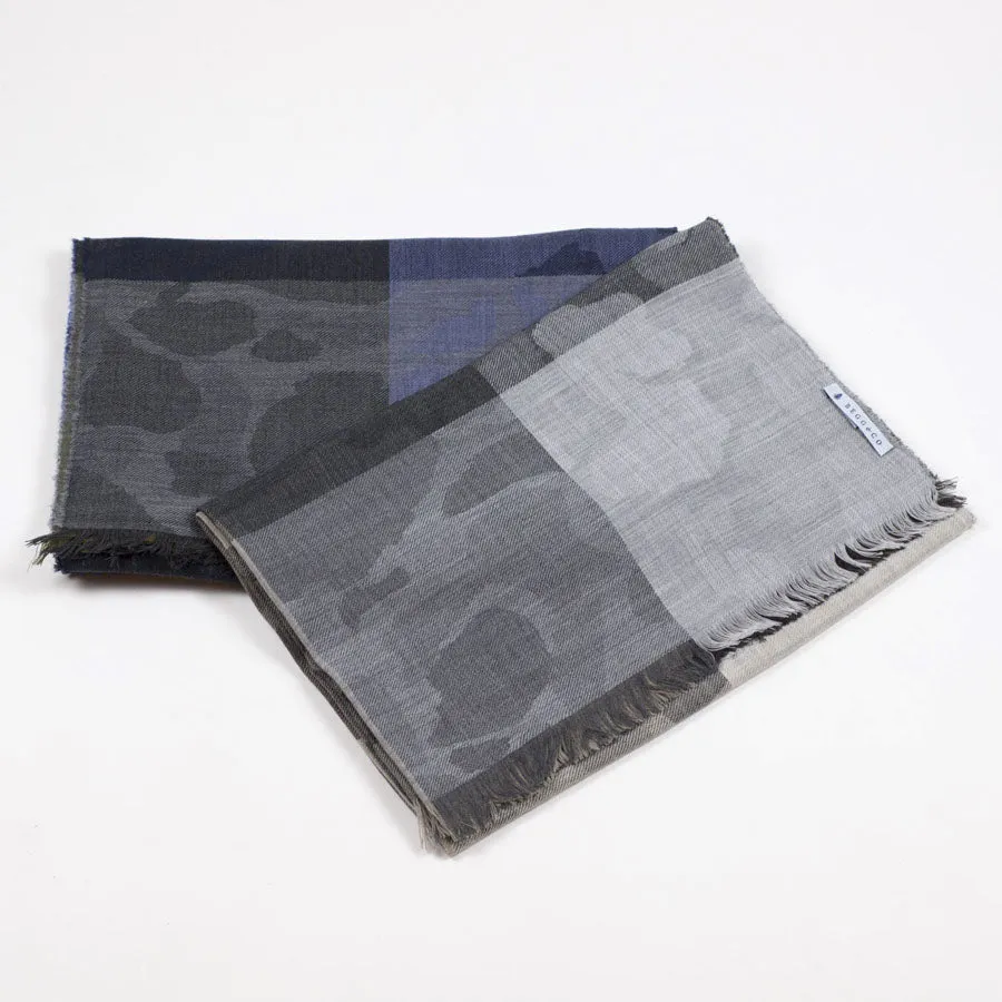 Khaki & blue camo check merino stole