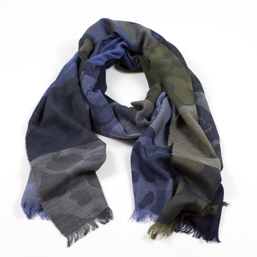 Khaki & blue camo check merino stole