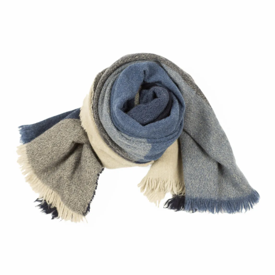 Large washed lambswool/angora stole, grey, blue and cream