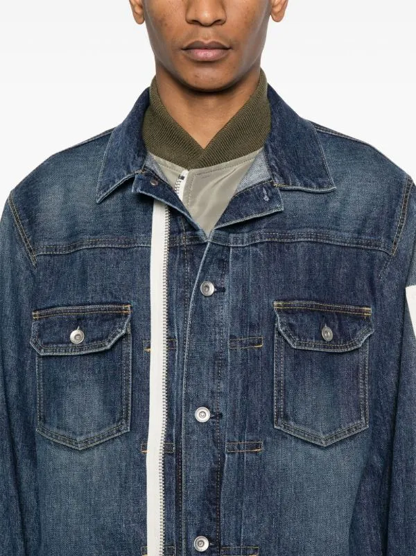 LAYERED BRANDED ZIP PULLER DENIM JACKET