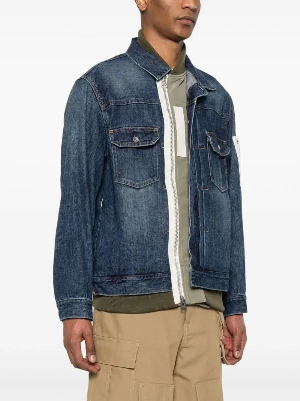 LAYERED BRANDED ZIP PULLER DENIM JACKET