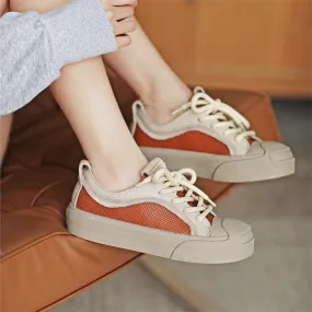 Leather Platform Sneakers for Women Low-top Travel Perforated in Red/Orange/Green