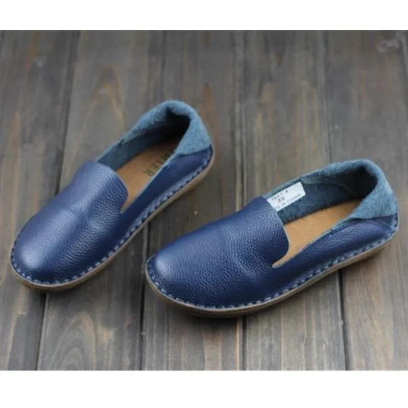 Loafers For Women Handmade Leather Flats Coffee/Blue/Green/Black