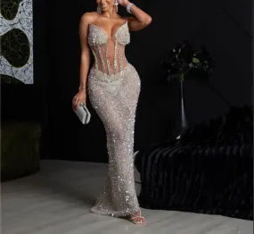 “Luxury” Diamond Ball Dress, Beaded Open Waist Illusion Sheer ( This Item/Purchase is Non-Refundable)