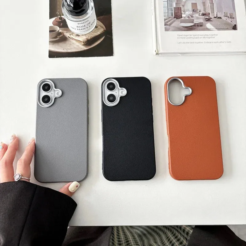 Luxury iPhone 16 and 16 Plus, Leather Texture Bumper Shell Phone Case - Shockproof Lens Protect Cover