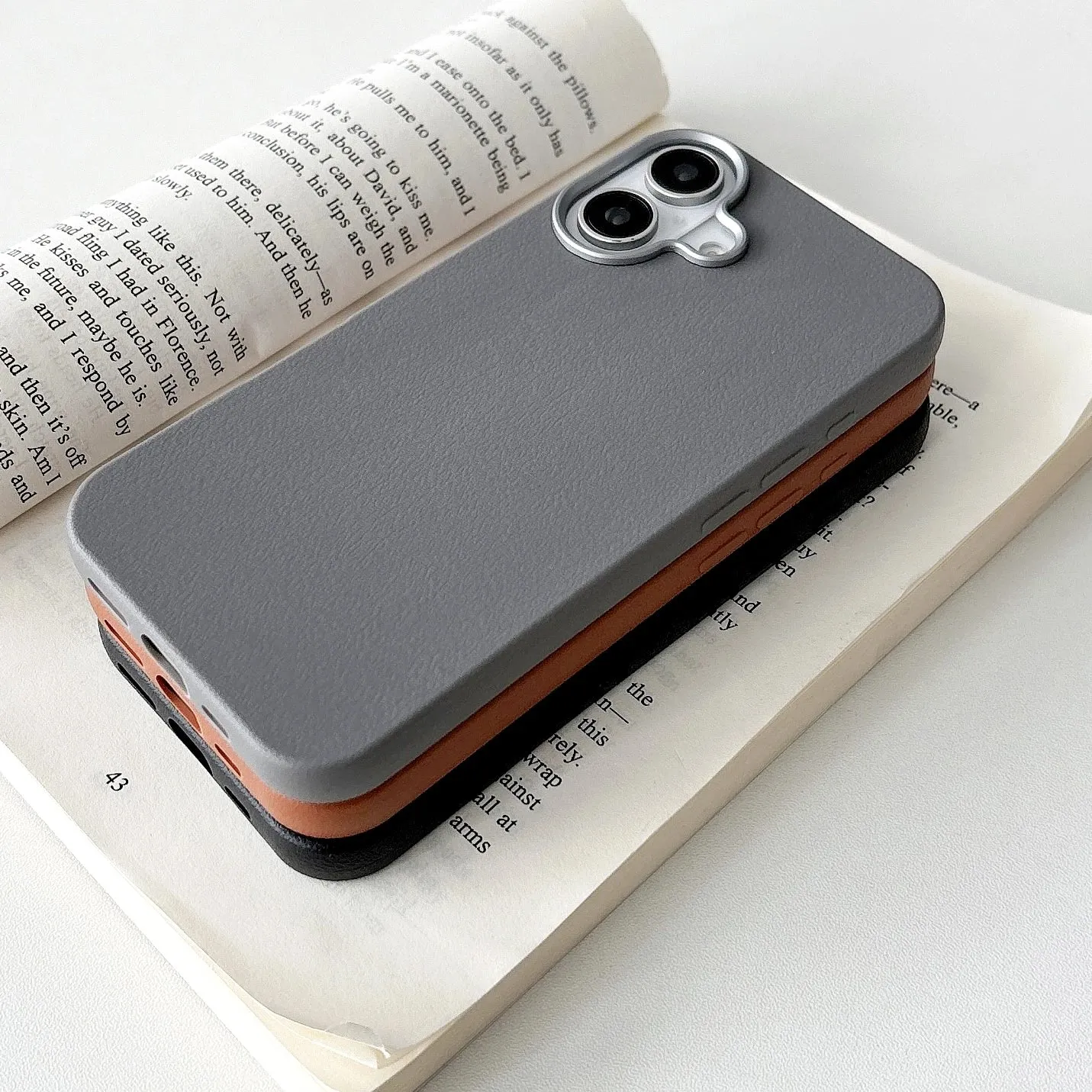 Luxury iPhone 16 and 16 Plus, Leather Texture Bumper Shell Phone Case - Shockproof Lens Protect Cover