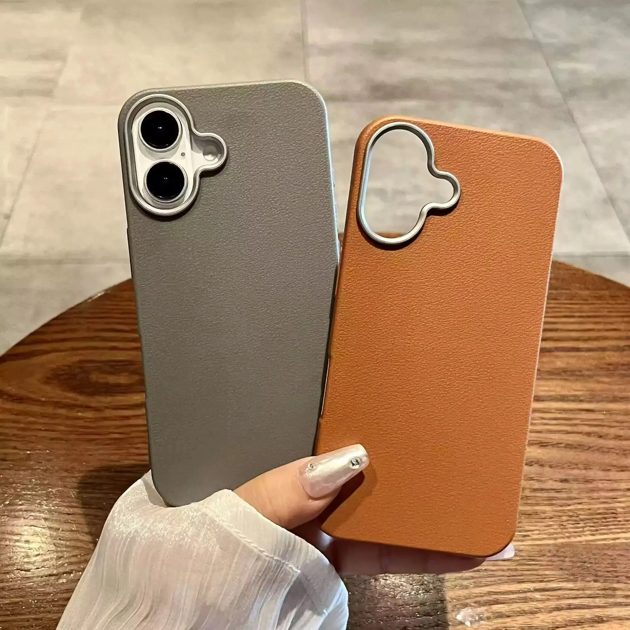 Luxury iPhone 16 and 16 Plus, Leather Texture Bumper Shell Phone Case - Shockproof Lens Protect Cover