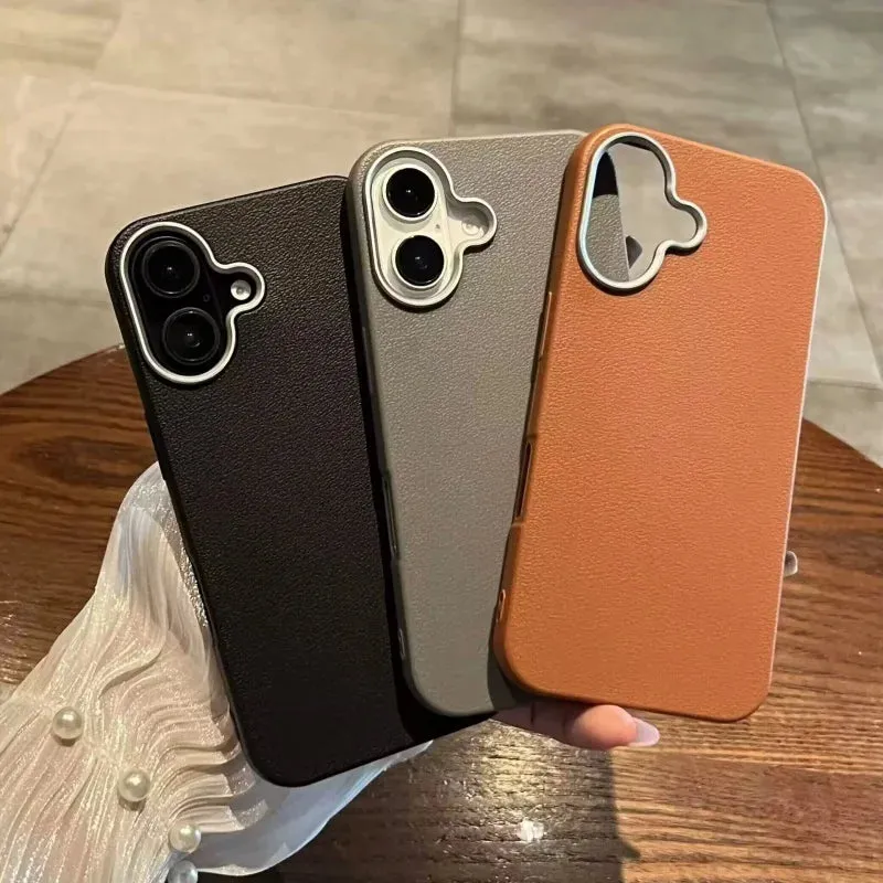 Luxury iPhone 16 and 16 Plus, Leather Texture Bumper Shell Phone Case - Shockproof Lens Protect Cover