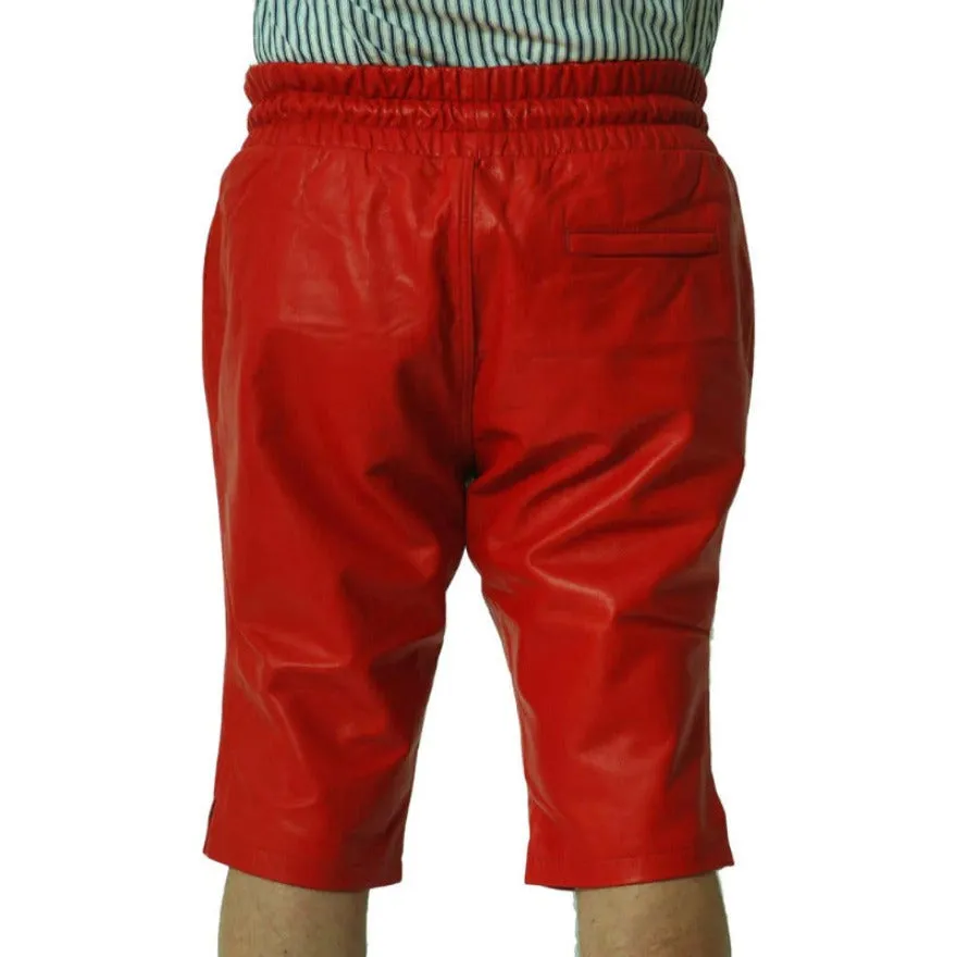 Mens Red Leather Shorts Genuine Nappa Sheepskin