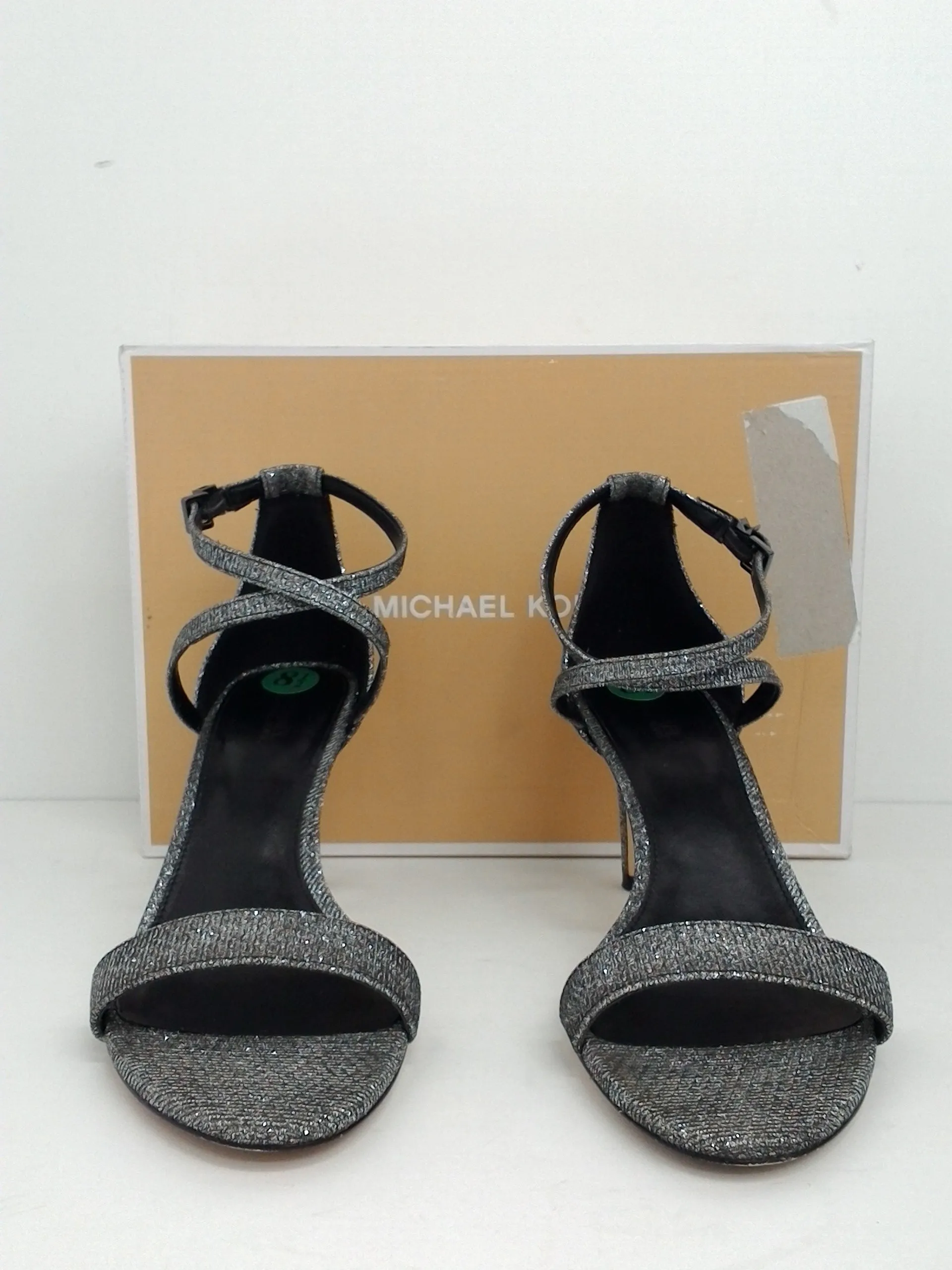 Michael Kors Women's Ava Mid Sandal Glitter black silver size 8.5 M