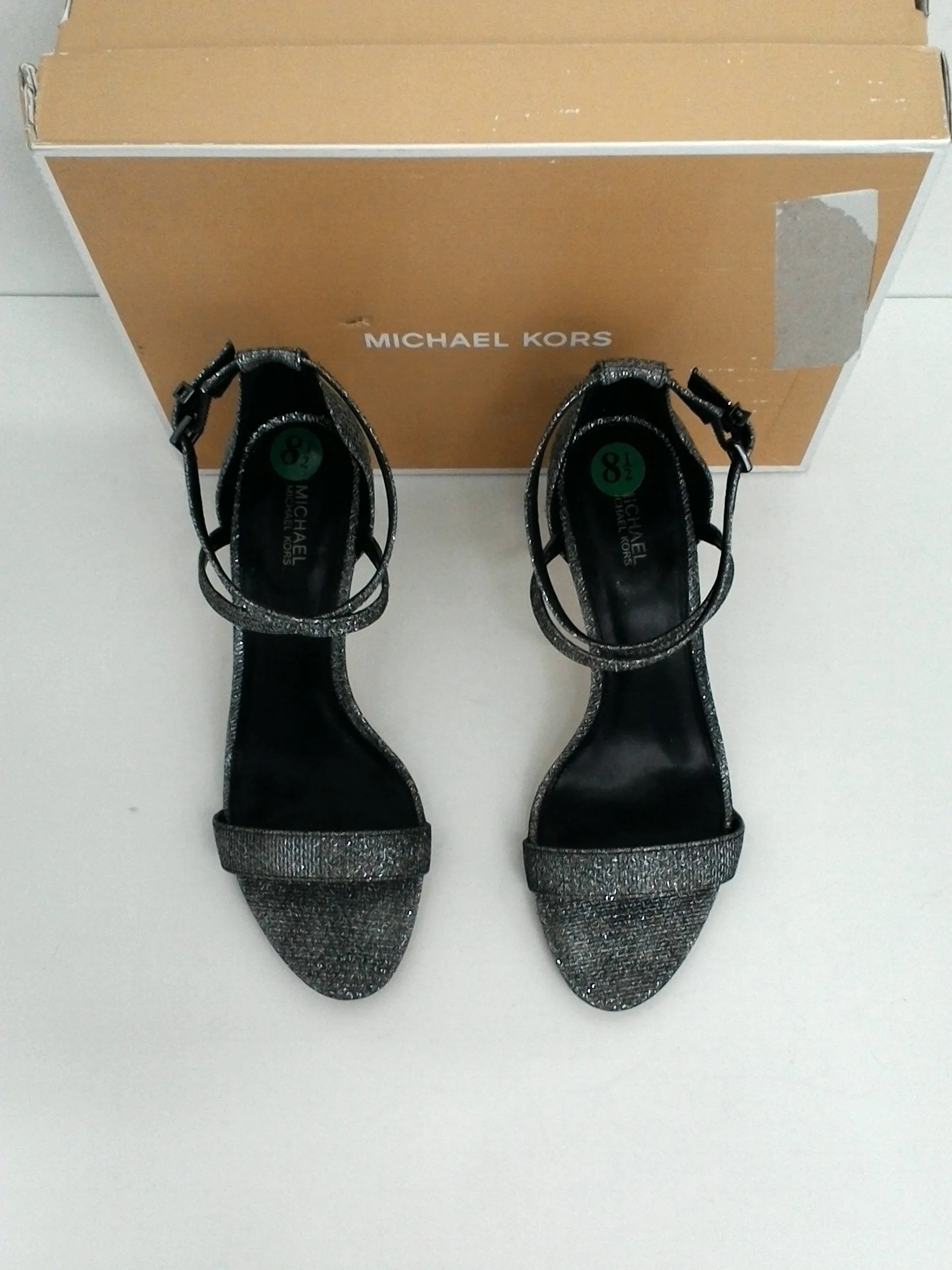 Michael Kors Women's Ava Mid Sandal Glitter black silver size 8.5 M