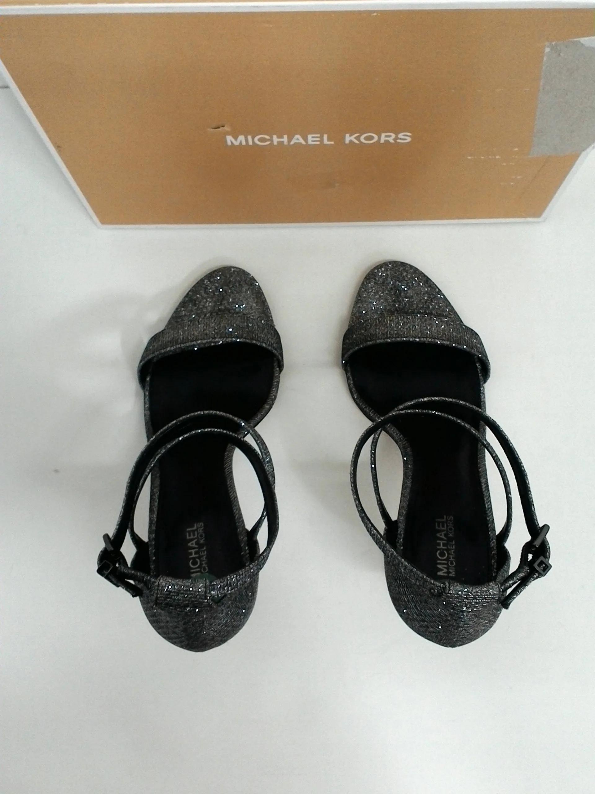 Michael Kors Women's Ava Mid Sandal Glitter black silver size 8.5 M