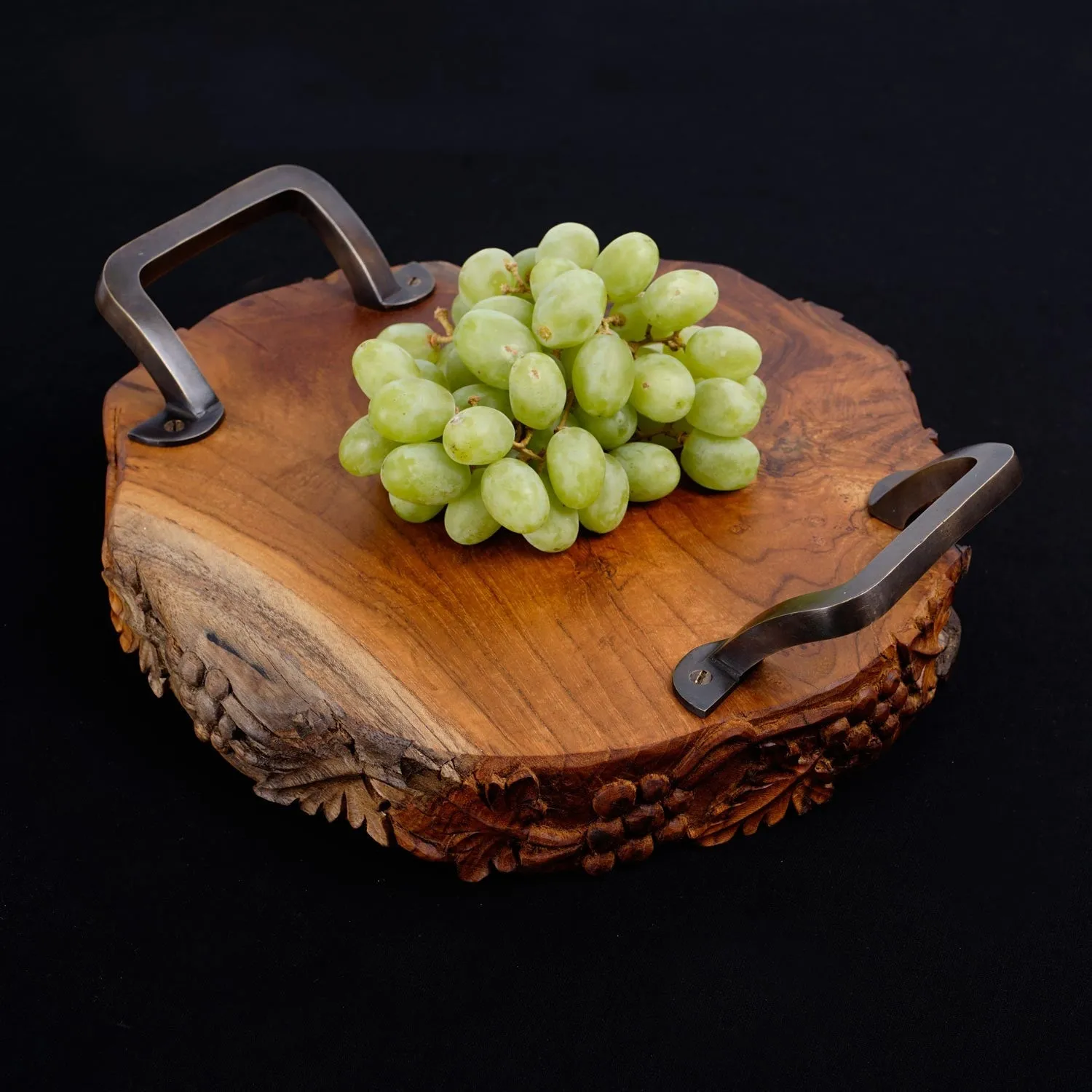 Monggo Carved Teak Serving Platter with Handles