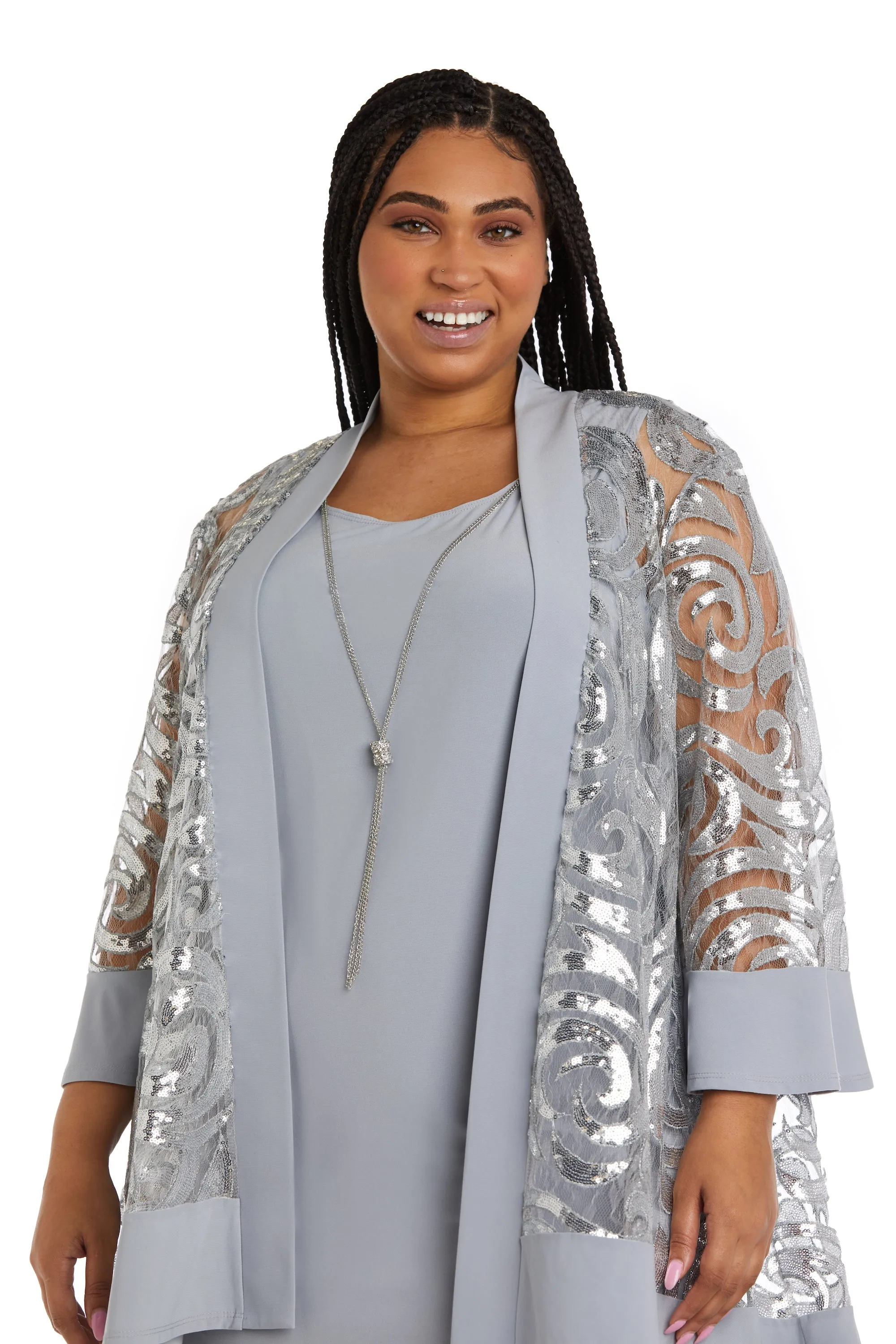 Plus Size Sparkling Sequin Two-Piece Jacket Dress & Necklace