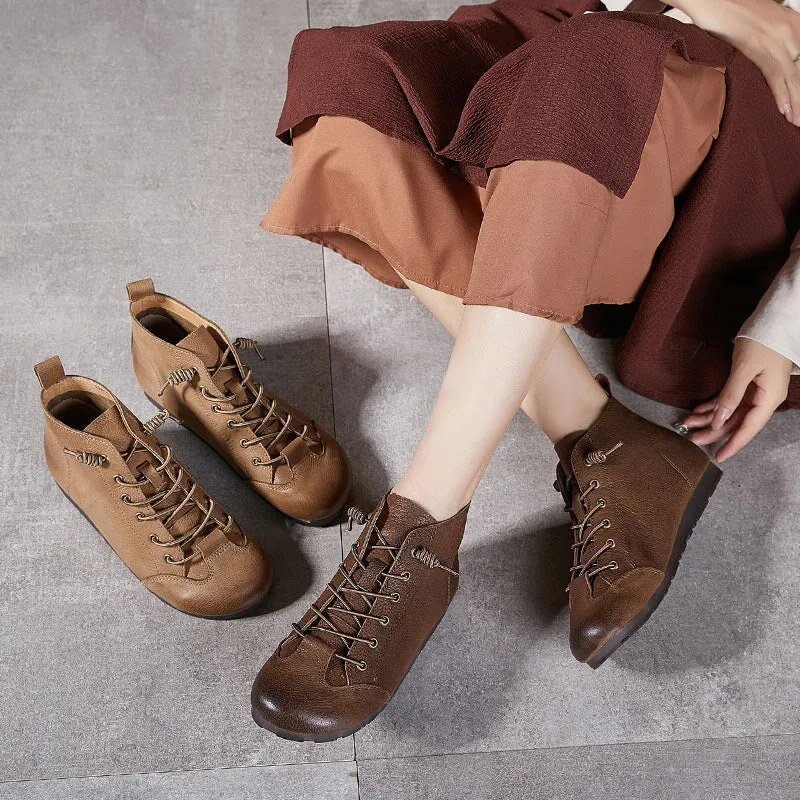 Retro Handmade Genuine Leather Barefoot Boots Lace-Up Ankle Boots in Camel/Coffee