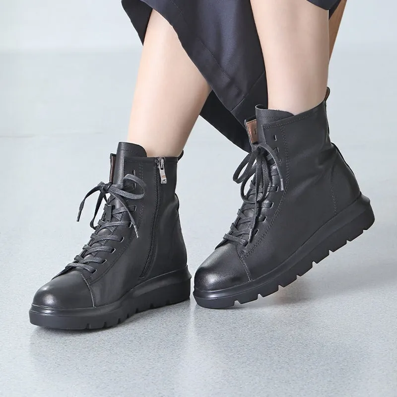 Retro Leather Short Boots for Women Round Toe Ankle Boots In Black