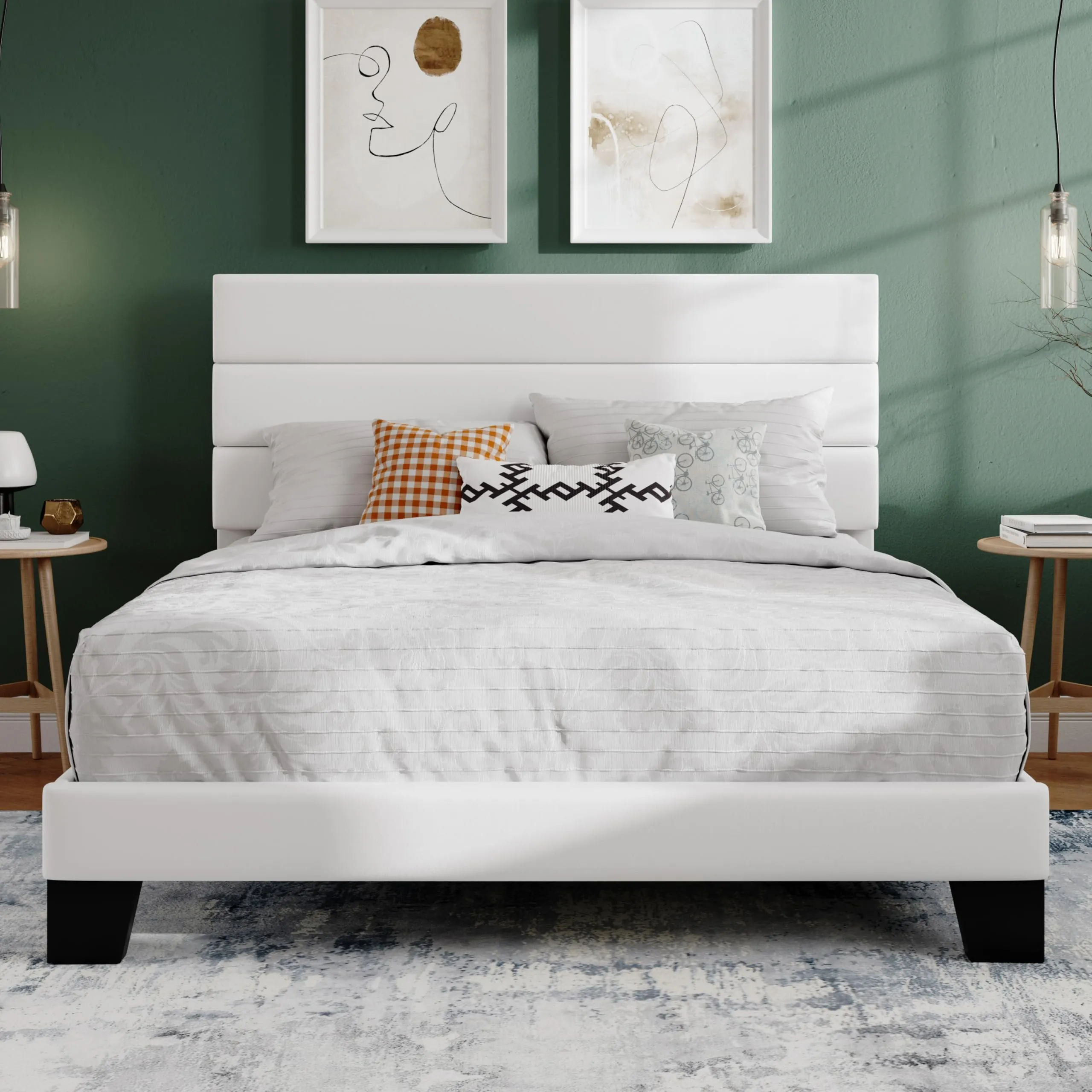 SHA CERLIN Full Platform Bed Frame with Velvet Upholstered Headboard, Mattress Foundation with Strong Wooden Slats Support, No Box Spring Needed, White