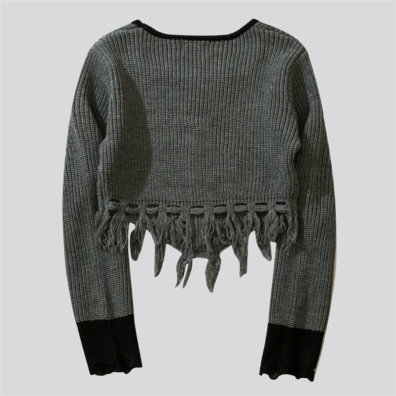 Square Neck Ripped Tassel Sweater