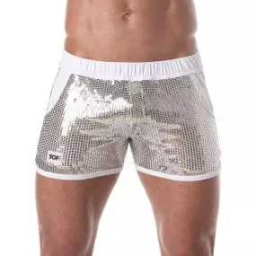 TOF PARIS Glitter Sequin Shorts Mid-Thigh Short Shiny Silver 49