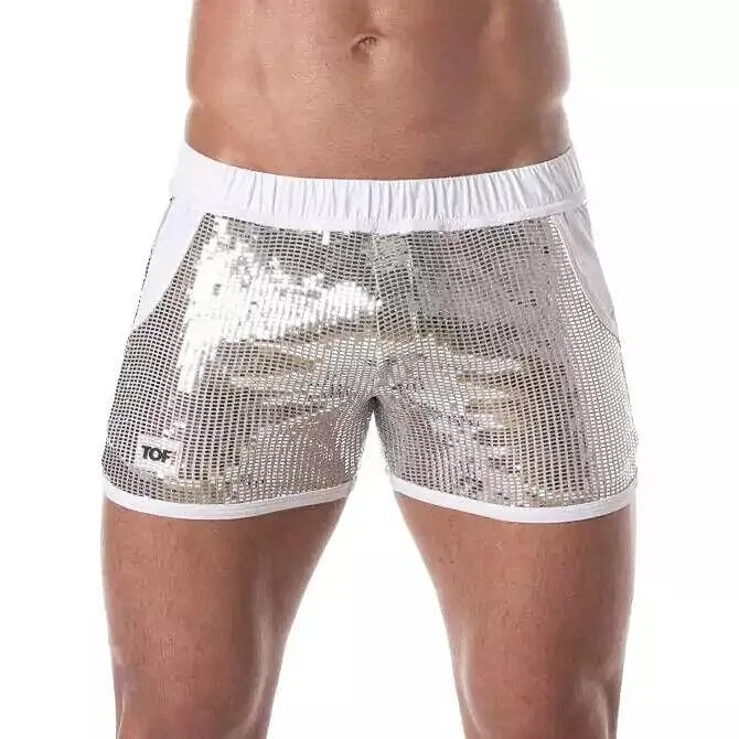 TOF PARIS Glitter Sequin Shorts Mid-Thigh Short Shiny Silver 49